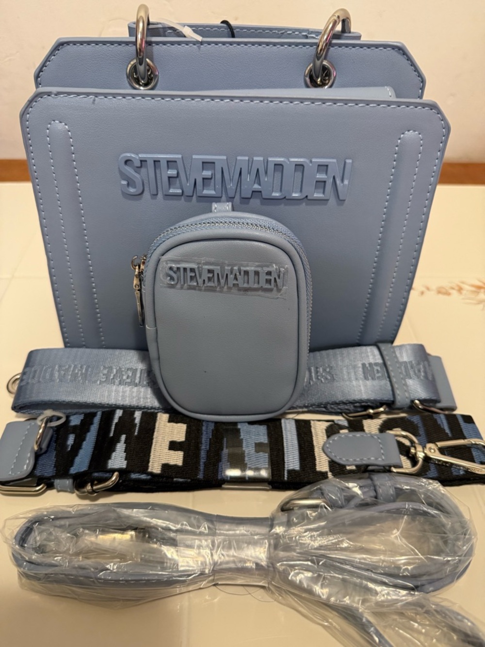 New Steve Madden Powder Blue Logo Tote with Removable Pouch